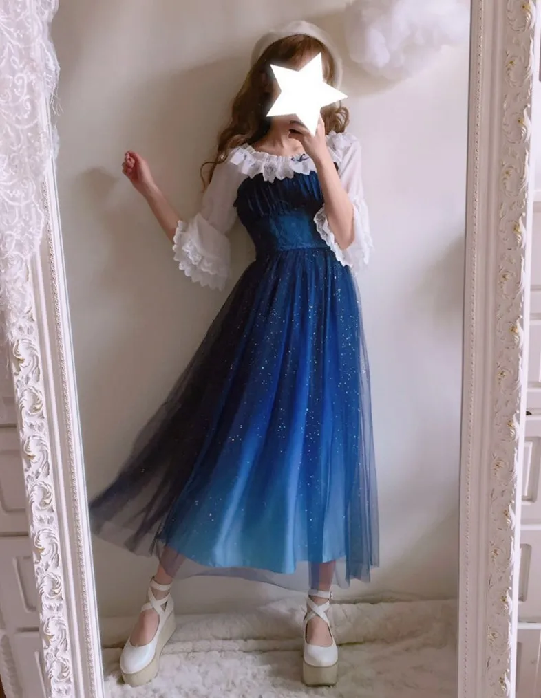 Stary Sky Blue Gradient Moterų Vasaros Suspender Suknelė Dvigubo Sluoksnio Šydas Pasakų Kei Lolita Dress & Vidiniai Baltos spalvos Marškinėliai