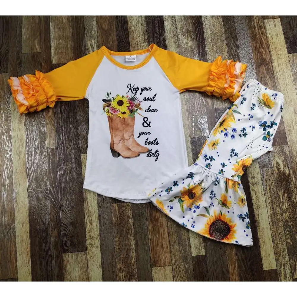 Boutique komplektus anglų kalbos abėcėlę batai modelio viršuje saulėgrąžų spausdinti bell kelnes baby girl drabužių rinkinys