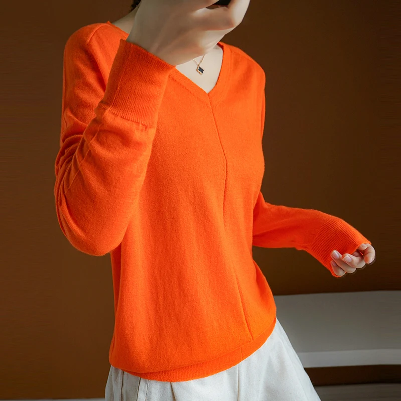 Vilnos megztinis ponios naujas vientisos spalvos megztas V-kaklo viršus mercerized vilnos atsitiktinis ilgomis rankovėmis susiuvimo oranžinės spalvos kašmyro megztinis