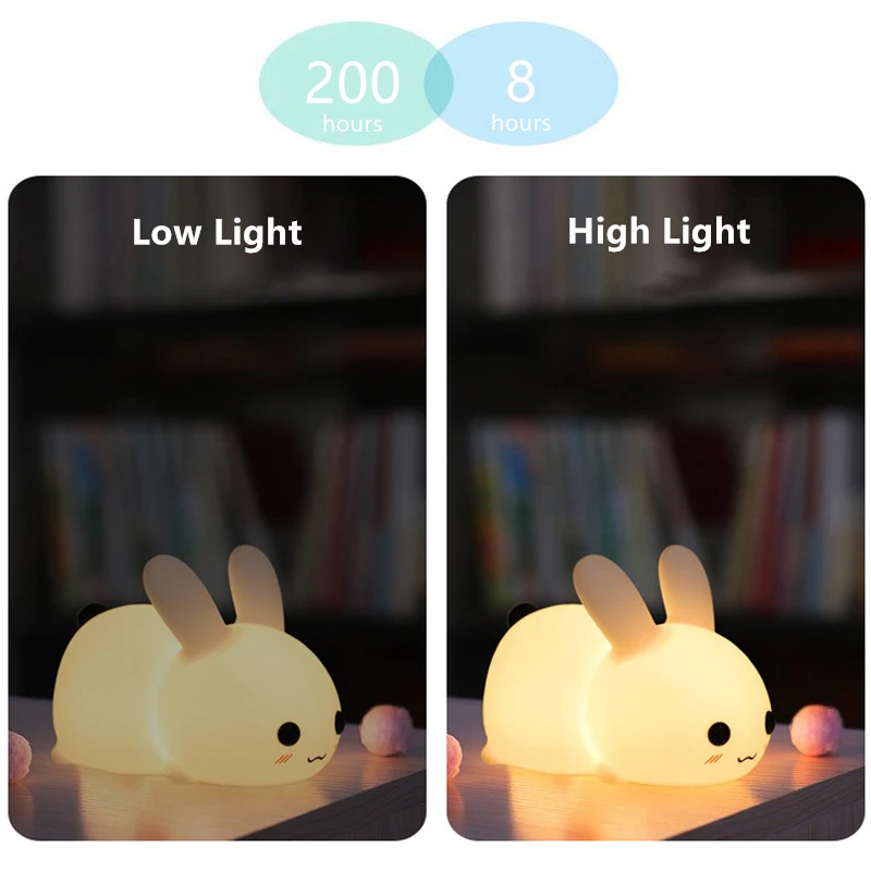 Mielas Triušis Naktį LED Lemputė USB Įkrovimo Gyvūnų Triušis Silikono Minkštas Animacinių filmų Kūdikio Lempa Vaikams Dovanų 2021