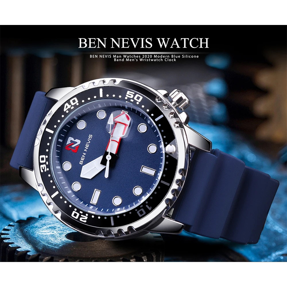 BEN NEVIS Sporto Serijos Kvarco Žiūrėti Vyrų Tamsiai Mėlynas Ciferblatas Vandeniui Vyrų Laikrodis Laikrodis Gumos Dirželis Žiūrėti Hombres Relojes