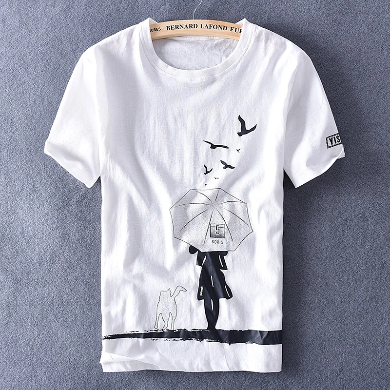 Vyrų Vasaros Mados Prekės ženklo Japonija Stiliaus Lino Animacinių filmų Laiškas Spausdinti trumpomis Rankovėmis T-shirt Vyrai Atsitiktinis Plonas Tee Tshirts Medžiaga