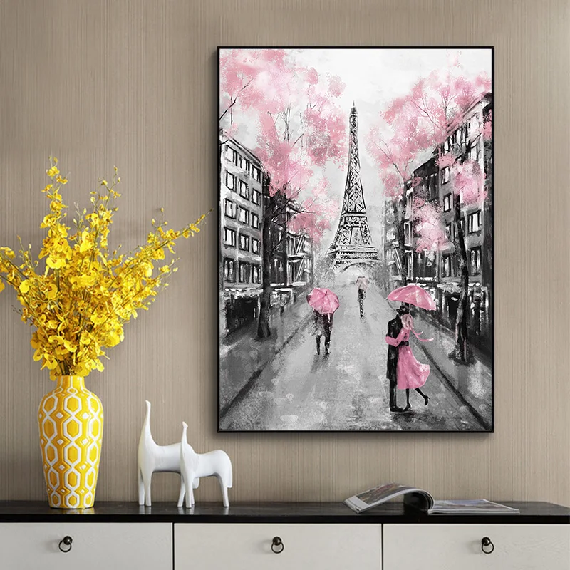 Rožinė Romantišką Miestą Pora Paryžiaus Eifelio Bokštas Kraštovaizdžio Naftos Tapyba ant Drobės, Plakatų ir grafikos Cuadros Sienos Nuotrauka už Dekoras
