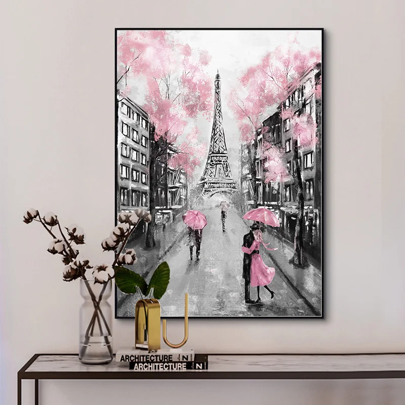 Rožinė Romantišką Miestą Pora Paryžiaus Eifelio Bokštas Kraštovaizdžio Naftos Tapyba ant Drobės, Plakatų ir grafikos Cuadros Sienos Nuotrauka už Dekoras
