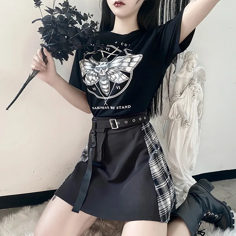 2021 Gothic Punk Atspausdintas Juodos spalvos marškinėliai Moterims Ragana Trumpas Rankovės Atsitiktinis Raidžių Moterų T-Shirt Juoda Prarasti Plonas Tamsiai T-shirt