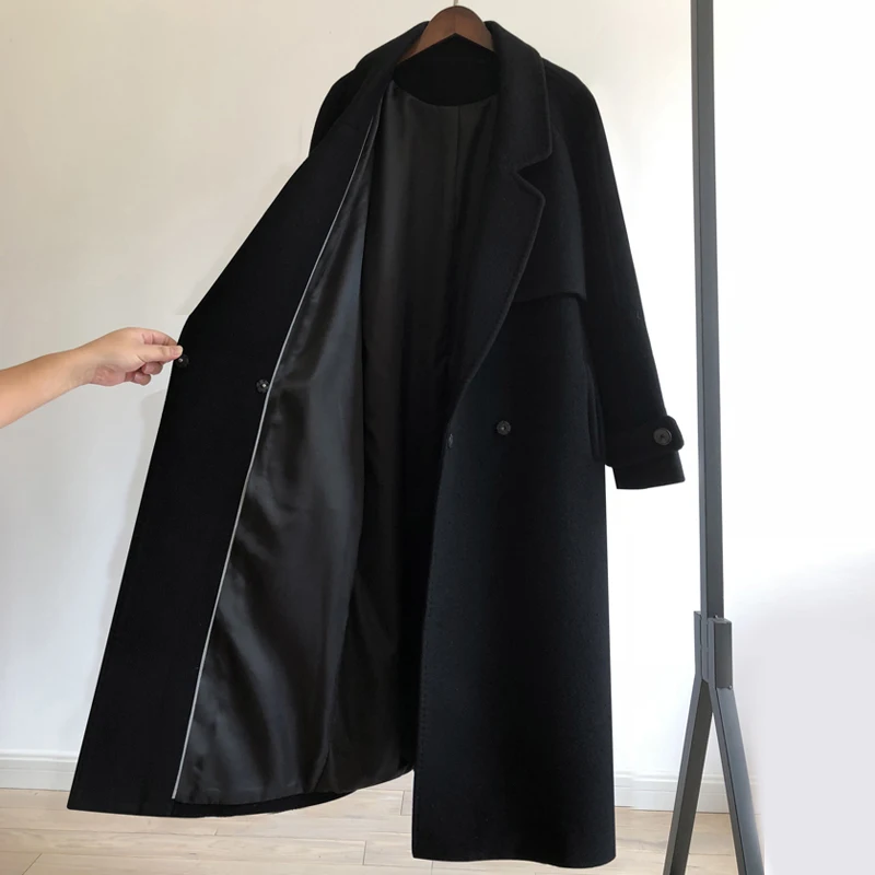 2020 m. Rudens Žiemos Juodas vilnonis Paltas Moterų Drabužių mados Moterų Striukė laisvas diržas ilgas paltas moteriška atsitiktinis vilnos Chalatą