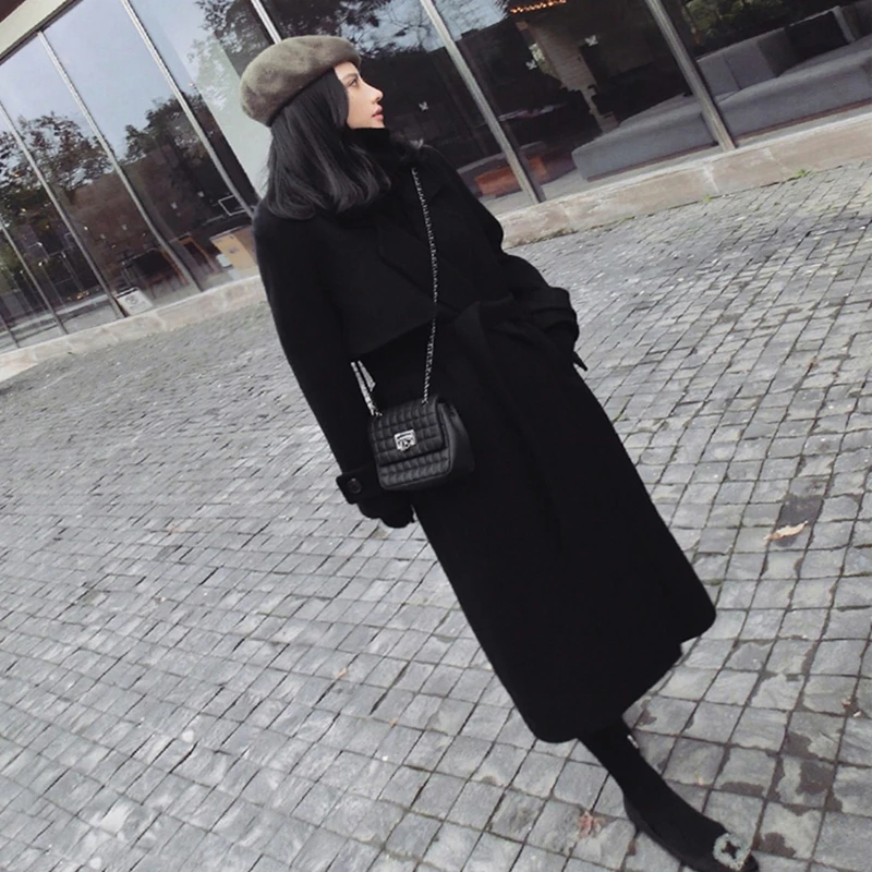2020 m. Rudens Žiemos Juodas vilnonis Paltas Moterų Drabužių mados Moterų Striukė laisvas diržas ilgas paltas moteriška atsitiktinis vilnos Chalatą