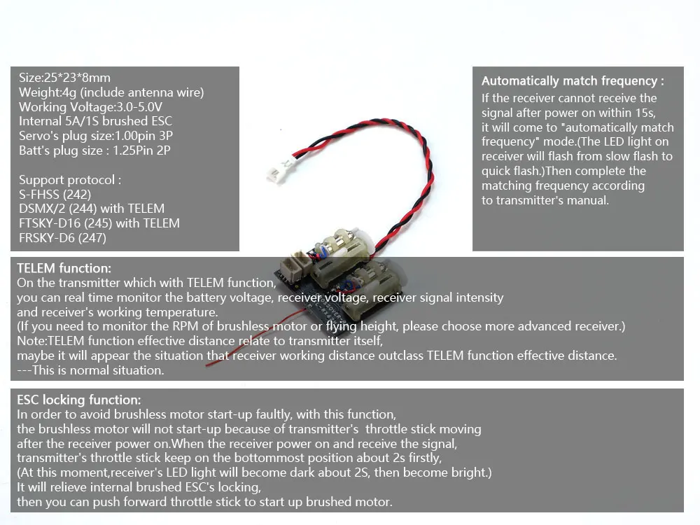 AEORC RX24X serijos Mini Micro RX Imtuvas 4CH Integruota 1S 5A brushed ESC, kurių ilginis Servo(1.00 Pin 3P) Kištukas Su TELEMAS