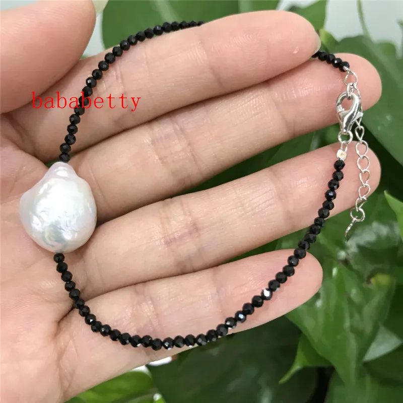 Nauji gamtinių black2-3MM akmens Violetinė balta apie 14X18MM baroko perlas apyrankės 7 colių Tibeto sidabro užsegimas, pailgėjo 3CM