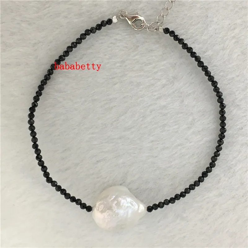 Nauji gamtinių black2-3MM akmens Violetinė balta apie 14X18MM baroko perlas apyrankės 7 colių Tibeto sidabro užsegimas, pailgėjo 3CM