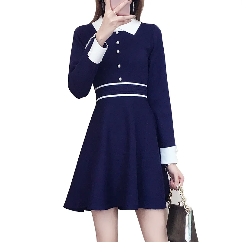 Korėjiečių Moterų Megztinis Suknelė 2020 Naujos Elegantiškos Mados-line Dugnu ilgomis Rankovėmis Megzti Suknelę Mergaitės Preppy Aukšto Juosmens Mini Vestidos