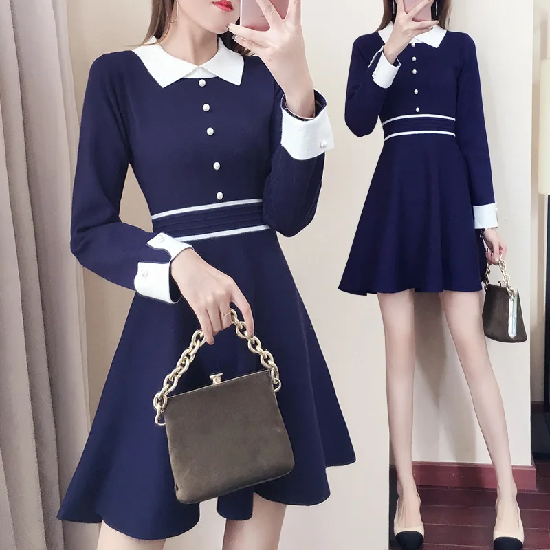 Korėjiečių Moterų Megztinis Suknelė 2020 Naujos Elegantiškos Mados-line Dugnu ilgomis Rankovėmis Megzti Suknelę Mergaitės Preppy Aukšto Juosmens Mini Vestidos