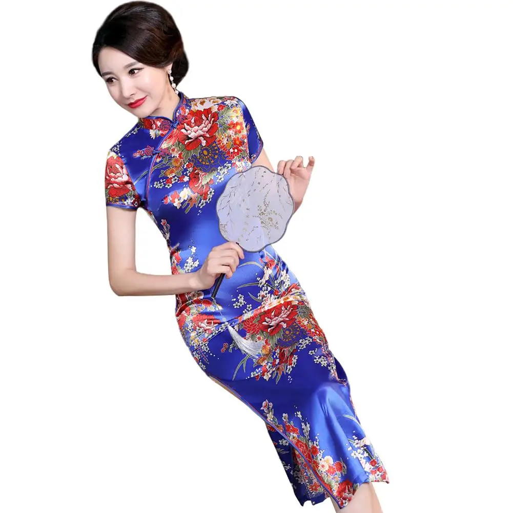 Moterų Kinijos Trumpas Rankovės Gėlių Spausdinti Brokatas Cheongsam Pokylių Midi Suknelė Tradicinės Kinų Apranga