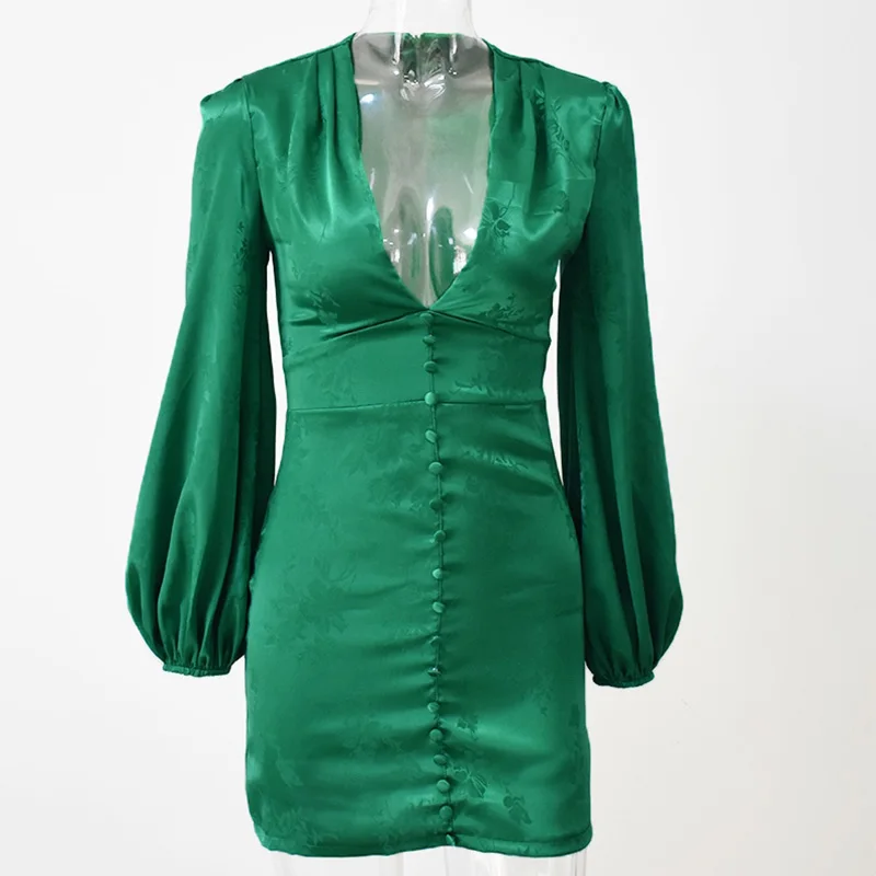 Green satino bodycon šalis suknelė moterims derliaus gėlių spausdinti mygtuką suknelė sexy v kaklo žibintų rankovėmis suknelę, vestidos de fiesta 2021