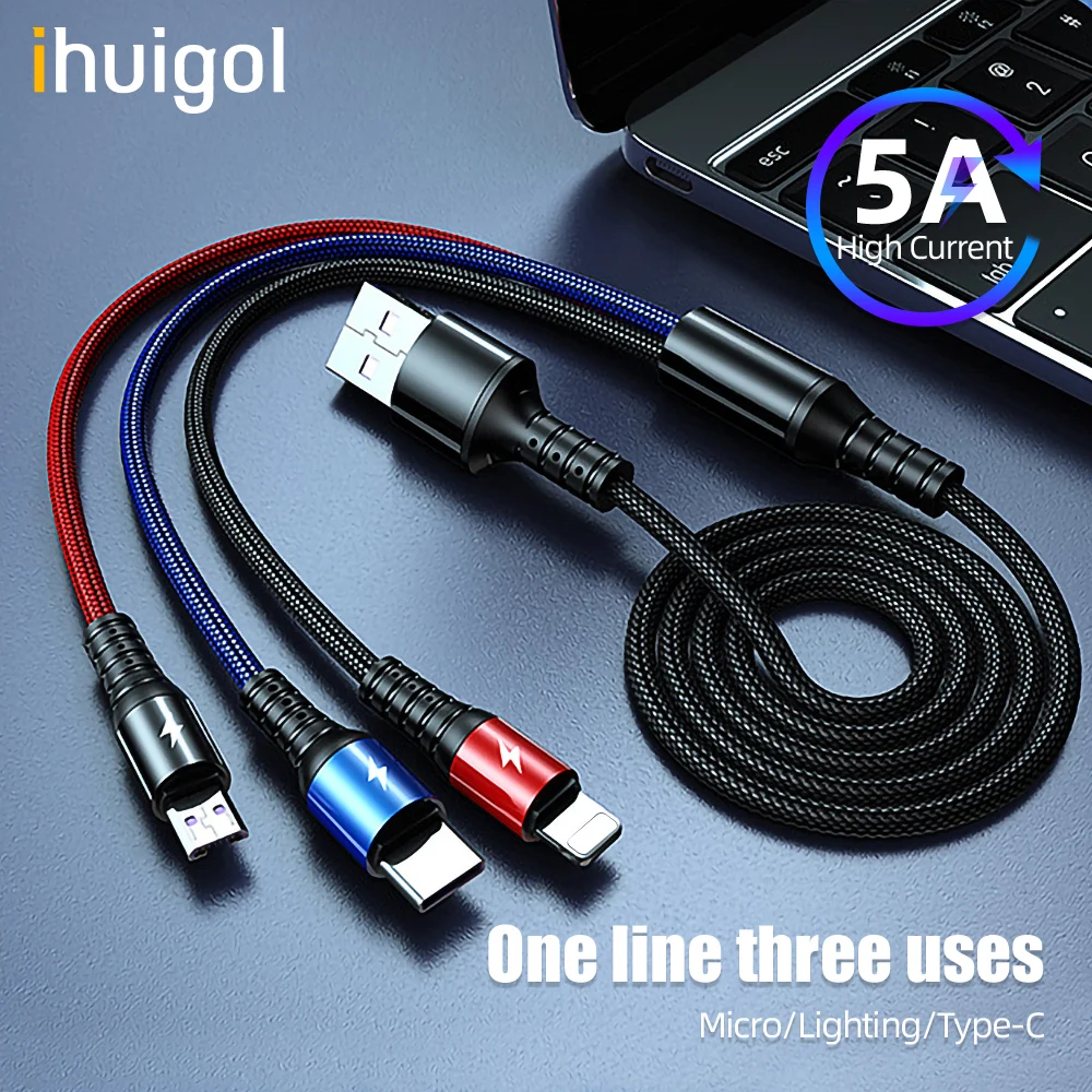 Ihuigol 3 in 1 USB Kabelis 1,2 m Micro USB C Apšvietimo Kabelis iPhone 12 11 XS 8 Pro 
