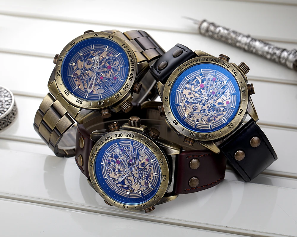 SHENHUA Plieno Juostelės Mechaninis laikrodis Vyrams, Savęs Likvidavimo Steampunk Žiūrėti Mens Lygos Bronzos Skaidrus Derliaus Sporto Laikrodis