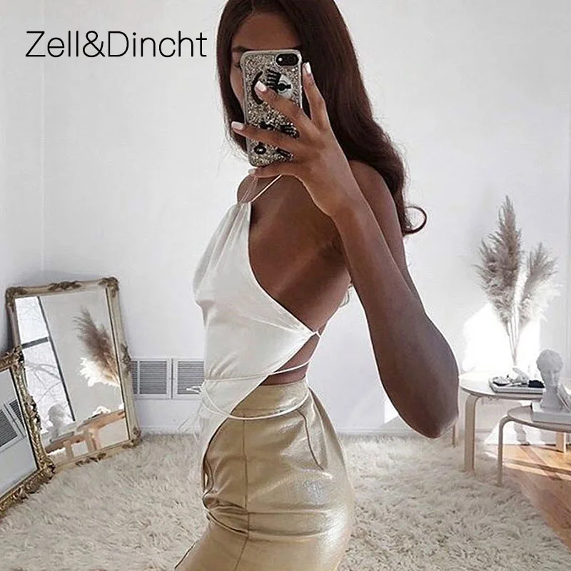 Zell&Dincht White Satin Seksualus Apynasrio Pasėlių Viršuje Moterys Vasarą Backless Kryžiaus Tvarstis Camis Tee Moterų Streetwear Pagrindinio Tankų