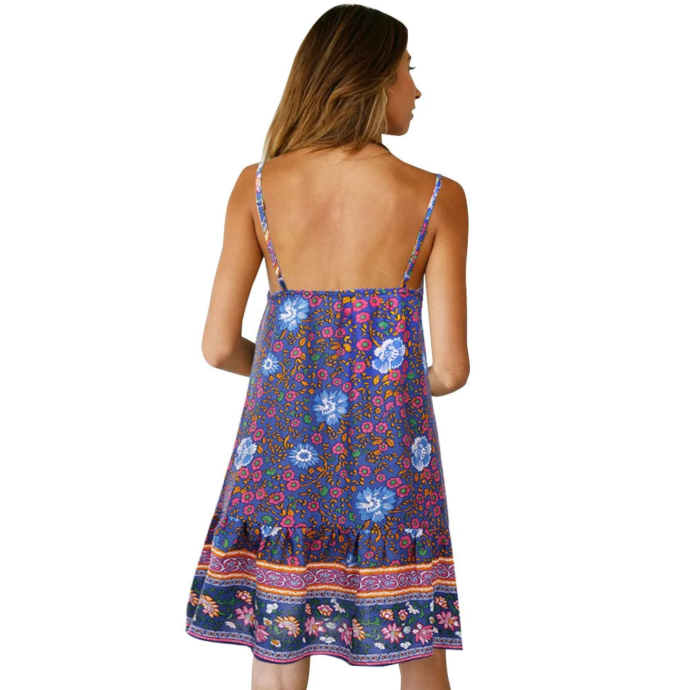 Bohemijos moterų paplūdimio suknelė, Diržas laisvas seksualus vasaros suknelė trumpas Backless atostogų mados gėlių spausdinti atsitiktinis suknelė