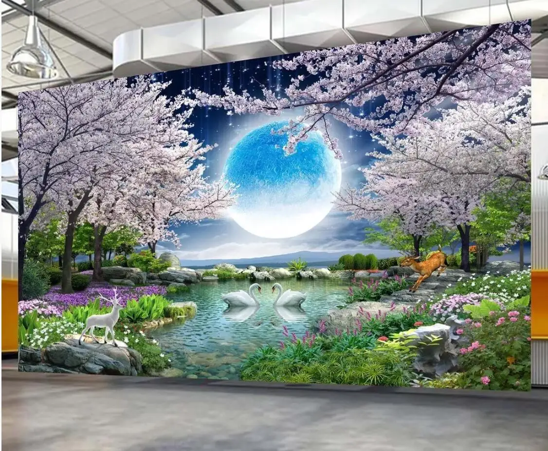 3D Sienų tapetų Mėnulis Vyšnių Žiedų Medžio Gamtos Kraštovaizdžio Sienų Tapyba Foto Tapetai Namų Dekoro Susisiekti Popieriaus Užsakymą