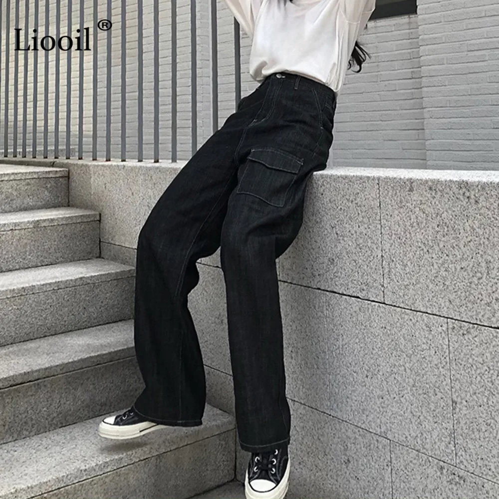 Liooil Medvilnės Aukšto Juosmens Džinsai Krovinių Kelnės Su Kišenėmis 2021 Streetwear Moterų Dugnas Juodas Palaidi Kelnės Sexy Džinsinio Audinio Kelnės