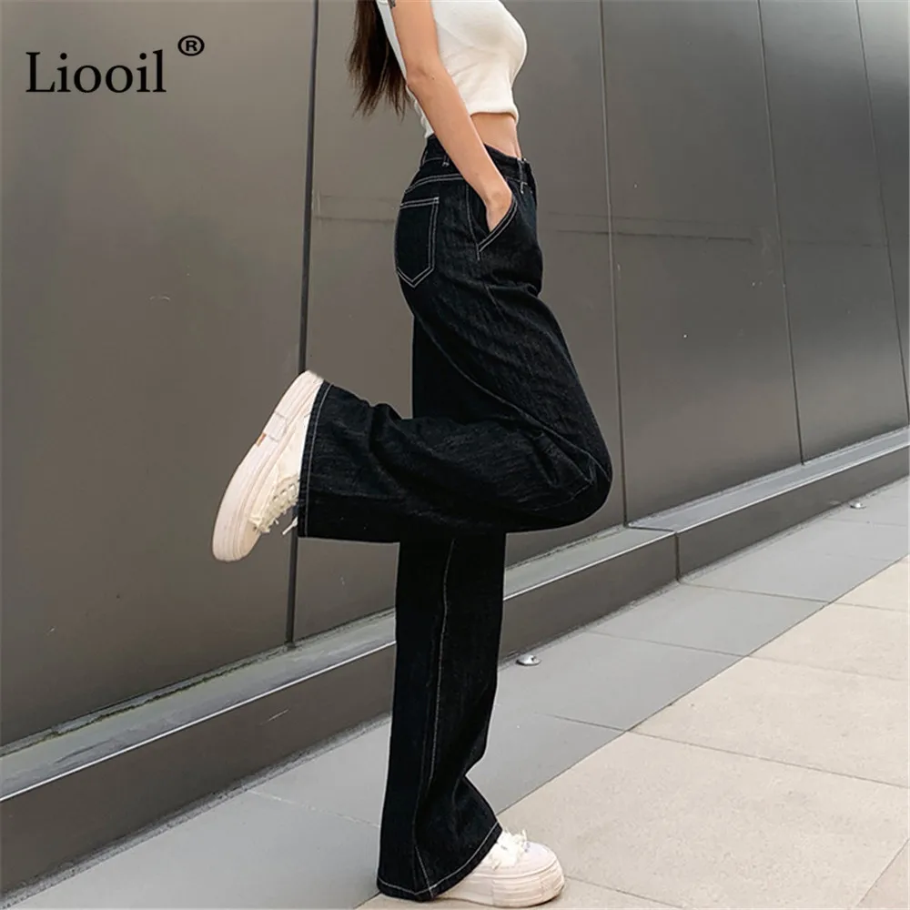 Liooil Medvilnės Aukšto Juosmens Džinsai Krovinių Kelnės Su Kišenėmis 2021 Streetwear Moterų Dugnas Juodas Palaidi Kelnės Sexy Džinsinio Audinio Kelnės