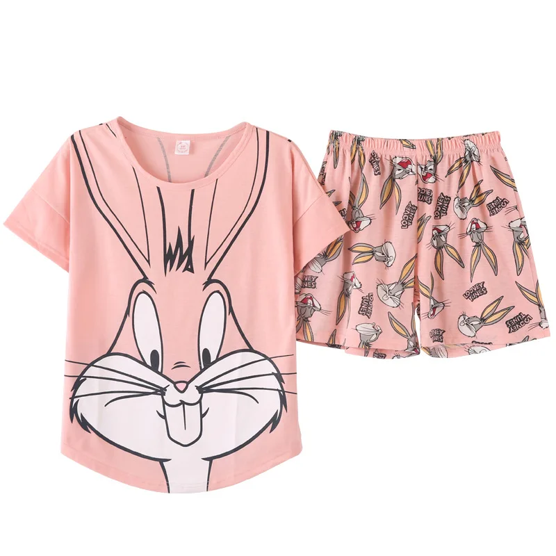 Pajama Top Pink Bugs Bunny Animacinių Filmų Vasaros Trumpas Pižamos SetKorean Namų Drabužių Kawaii Pajama Moterims