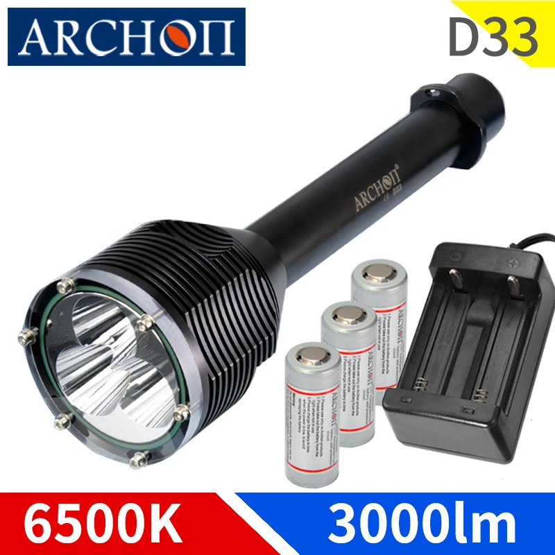 ARCHON D33 6500K nardymo šviesos 3*XM-L2, U2 max 3000 liumenų LED nardymo Povandeninis žibintuvėlis atsparus vandeniui 100m nardymas Povandeninis žibintuvėlis