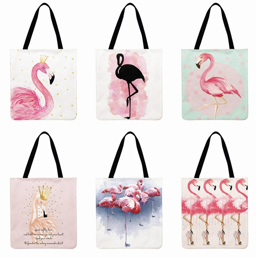 In Pink Flamingo Spausdinimo Tote Krepšys Moterims Pečių Maišą Lino Febric Atsitiktinis Nešti Daugkartinio Naudojimo Pirkinių Krepšys Sulankstomas Paplūdimio Krepšys