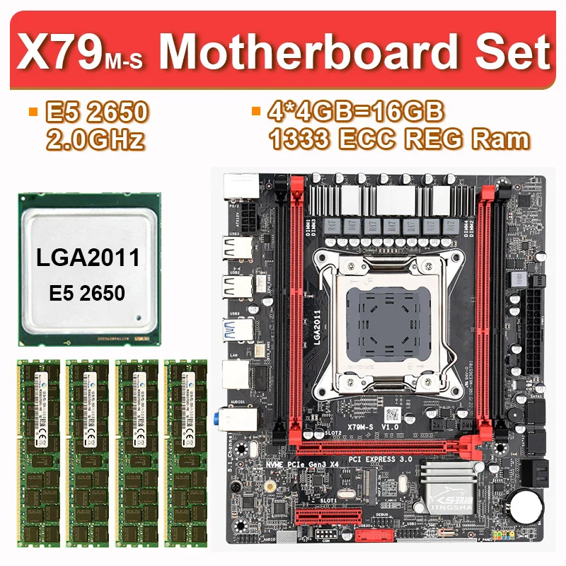JingSha X79M plokštė rinkinys su LGA2011 combo Xeon E5 2650 CPU 4pcs x 4 = 16 GB atminties DDR3 ECC 1333Mhz RAM