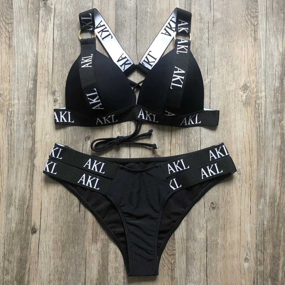 Maudymosi kostiumėliai Moterų Plaukimo Kostiumas Push Up Bikinis 2019 Mujer Nėrinių Bikinis Moterų maudymosi kostiumėlį, Letter Spausdinimo Mini Diržas Bikini Komplektas