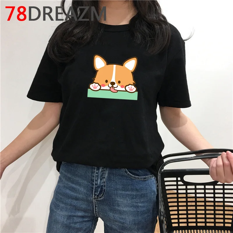 Juokinga Corgi Marškinėliai Moterims Harajuku Animacinių filmų T-shirt Kawaii Šuo Grafinis Trišakiai Plius Dydis Unisex Japonų Stiliaus Mados Marškinėlius Moteris