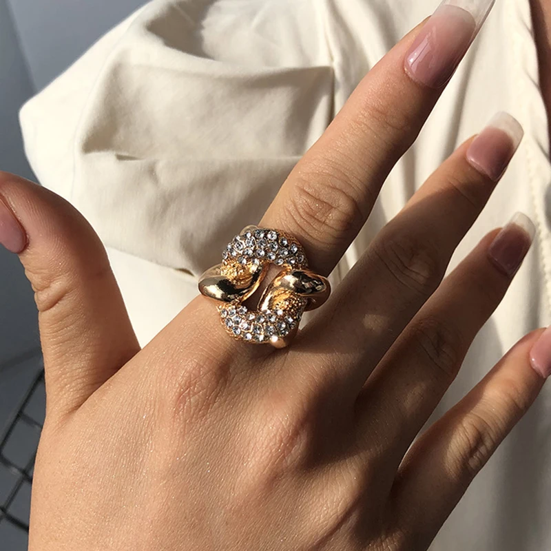 Sustorėti Platus Kristalų Žiedai Moterims Susukti Dizaino Atidarykite Reguliuojamas Moterų Pirštų Žiedai Aukso Spalvos Punk Prabanga Bohemijos Žiedas Žavesio