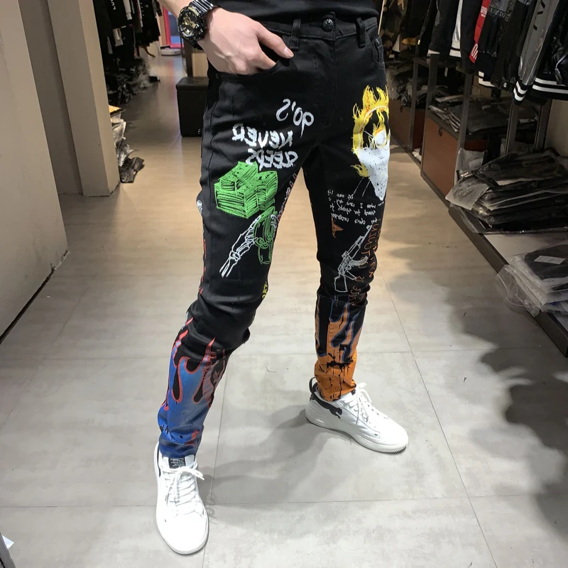 Mados Streetwear Vyrų Džinsai, Juodos Spalvos Dažais Atspausdintas Džinsai Vyrams Dizaineris Hip-Hop Kelnės Slim Fit Elastinga Punk Stiliaus Pieštuku Kelnės