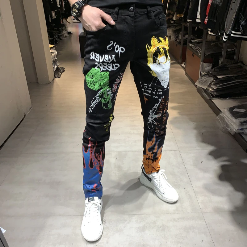 Mados Streetwear Vyrų Džinsai, Juodos Spalvos Dažais Atspausdintas Džinsai Vyrams Dizaineris Hip-Hop Kelnės Slim Fit Elastinga Punk Stiliaus Pieštuku Kelnės