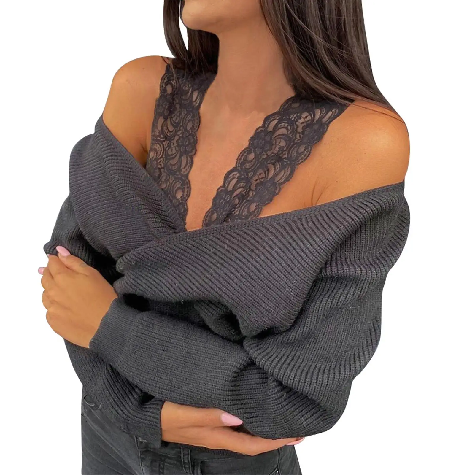 2020 Plus Size Seksualių Moterų Megztinis Liemenė Ilgomis Rankovėmis Off Peties Nėrinių Diržas Džemperiai Rudens Žiemos Megztiniai Megztinis Liemenė Streetwear