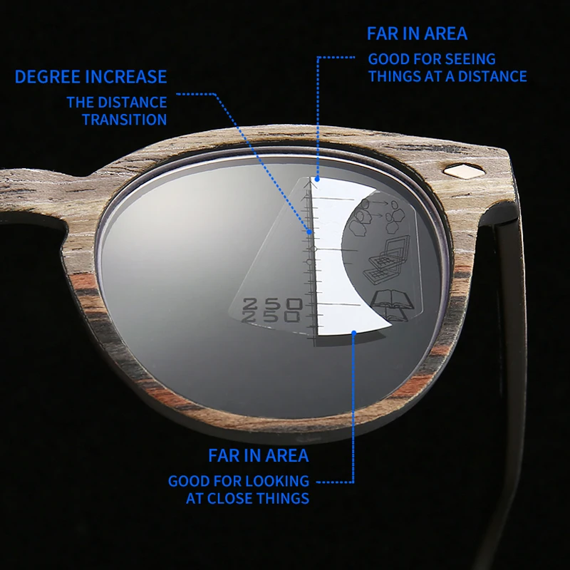 VCKA Protingas rogressive Multifocal Skaitymo akiniai Matyti Toli Ir Arti, Vyrų, Moterų Woodgrain Bifocal Presbyopia +1,0 iki+3.5