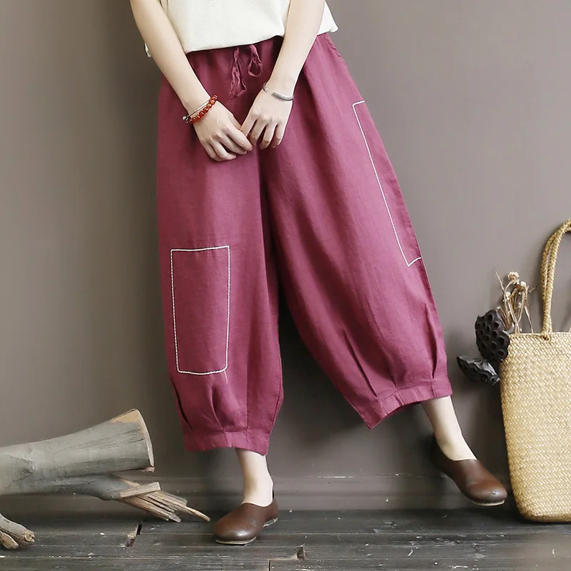 Originalus moterų siuvinėjimo meno linija, ramės (kiniškosios dilgėlės) moterų kelnes prarasti didelio dydžio nėrinių žibintų kelnes aštuoni lino kelnės plonos vasarinės