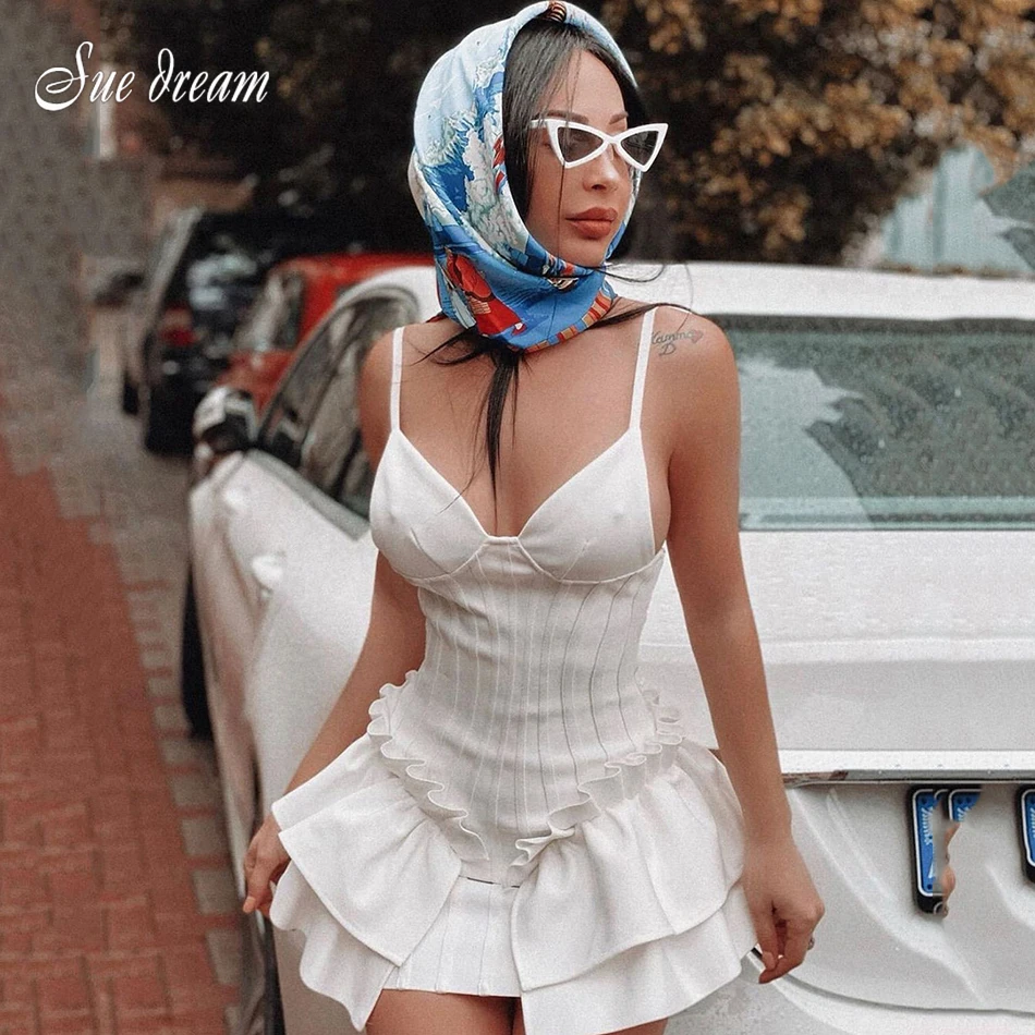 2020 metų Vasaros Naują Moterų Balta Mini Suknelė su Sexy Spageti Diržas V-Kaklo, Puoštas Tvarstis Suknelė Bodycon Klubo Šalis Suknelė Vestidos
