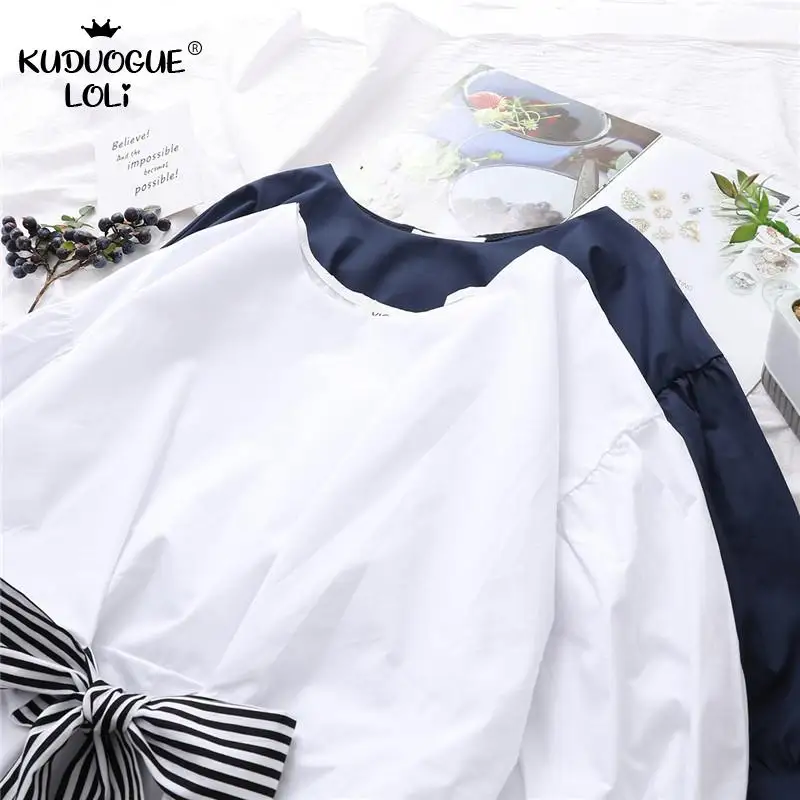 Japonijos Merginos Kawaii OLIS T-shirt Viršuje Moterų Saldus O-kaklo Trys Ketvirtį Rankovėmis Lankas Studentų Kolegijos Stiliaus Mielas Baltas karinis jūrų Laivynas Marškinėlius