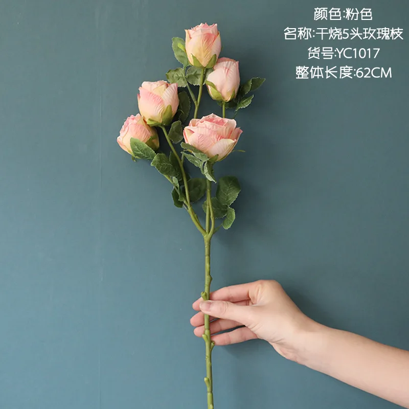 Džiovinti atrodančius 5 vadovai rose filialas, šilko dirbtinės gėlės su padirbtų lapai namų stalo dekoravimui flores