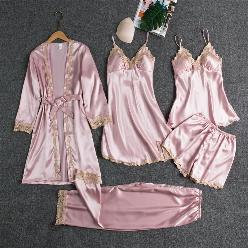 5 Gabalas Pižama Rinkinys Sexy Nėrinių Dėmių Moterų Pižama Dirbtiniais Šilko Pataluose Nėrinių Suknelė Pavasario Vasaros Apdaras Sleepwear Su Krūtinės Pagalvėlės 2020 M.