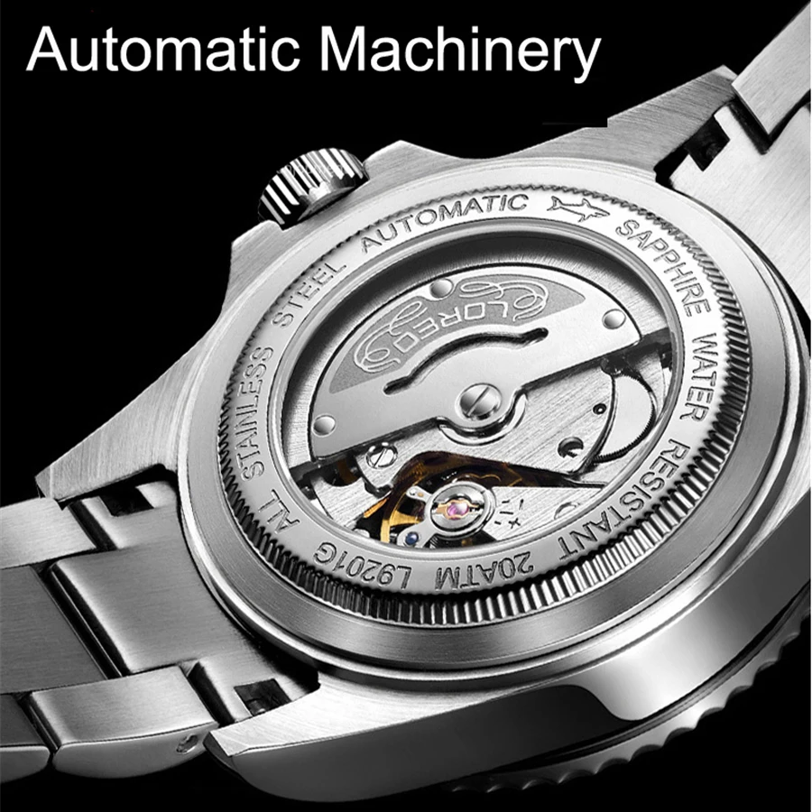 LOREO Vokietija Laikrodžiai Vandeniui 200M Nardymo Automatinis Mechaninis laikrodis Vyrams, Nerūdijančio Plieno Klasika Safyras Šviesos Žiūrėti Vyrai