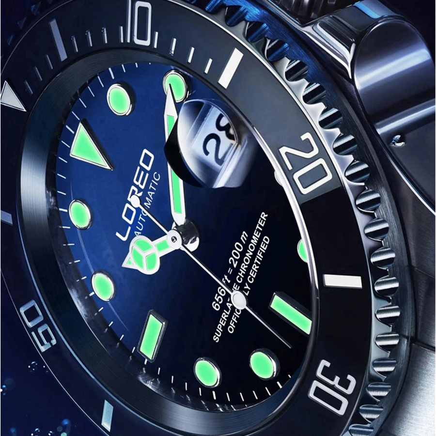 LOREO Vokietija Laikrodžiai Vandeniui 200M Nardymo Automatinis Mechaninis laikrodis Vyrams, Nerūdijančio Plieno Klasika Safyras Šviesos Žiūrėti Vyrai