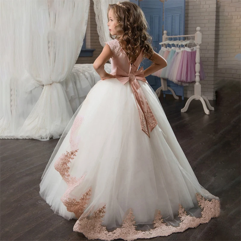 Mergina Bridesmaid, Balta Nėrinių Suknelė Gimtadienio Princesė Dress Vaikai Mergina Šalis Suknelė Su Laivapriekio Ilgai, Gėlių Mergaičių Suknelės Vestuvėms