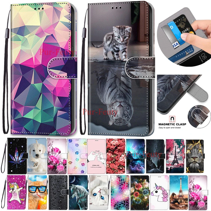 Odos Atveju Huawei Honor 20 Pro YAL-L41 atveju 3D Piniginės Kortelės Turėtojas Stovėti Knygos Viršelio Honor20 Pro Liūtas, Tigras Dažytos Atveju