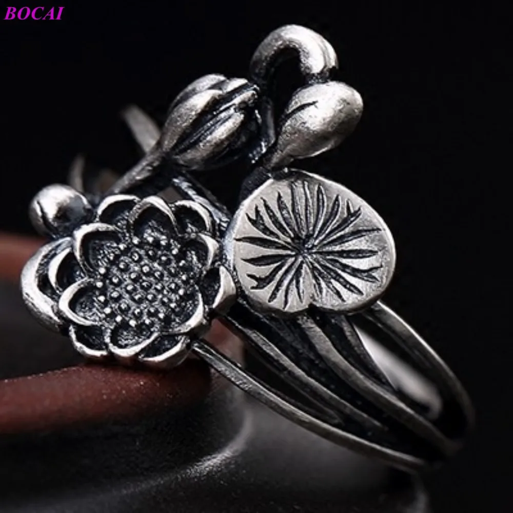 BOCAI S925 sterling silver art RETRO žiedas 2020 naujas mados moterų Tailando sidabro lotus asmenybės klasikinis temperamentopening žiedas