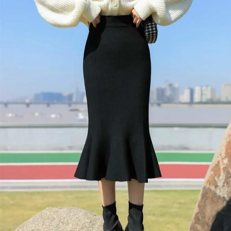 Autumnl Žiemos Korėjos Elegantiškas Ruffles Plonas Aukštos Juosmens Undinė Sijonai Moterims Laukinių Kietas Wrap Klubo Megzti Trimitas Sijonas Faldas Y91