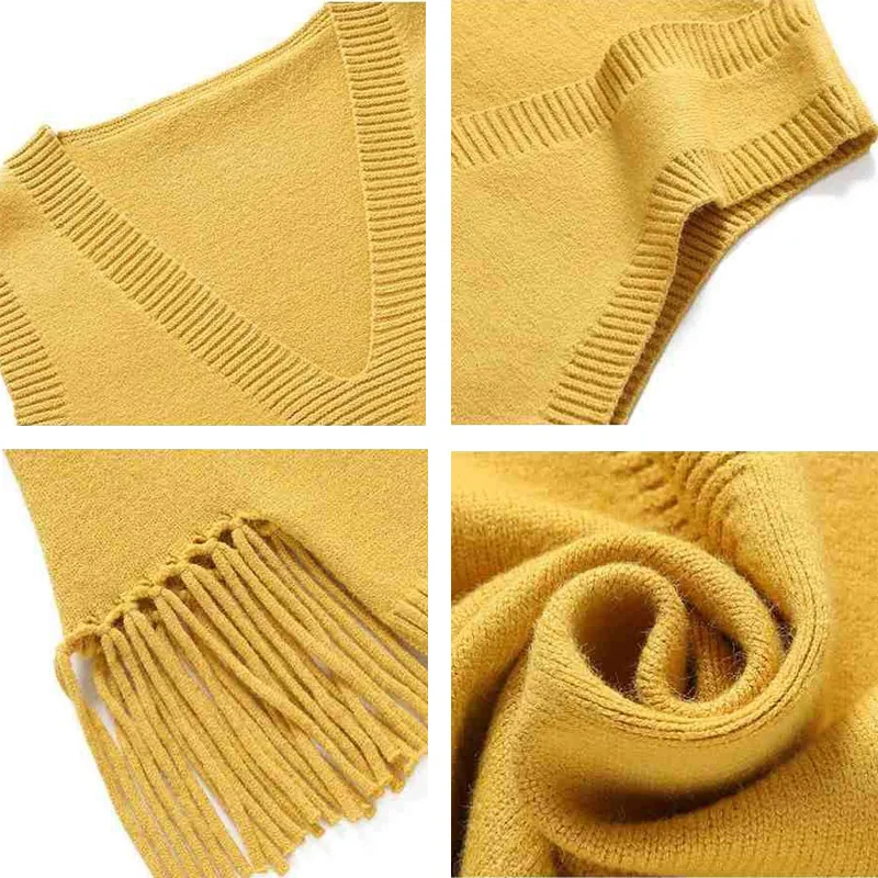 Mados kutas prarasti v-kaklo, megzti rankovių megztiniai moterims, Atsitiktinis, kietas geltonas plius dydžio liemenė Klasikinio korėjos stiliaus liemenė