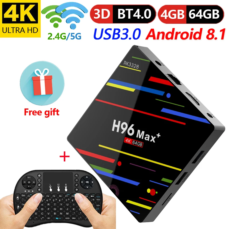H96 Max Plus, 4 GB, 64 GB Android 8.1 TV Box RK3328 Quad Core 4G/32G USB 3.0 smart 4 K Set Top Box, 2.4 G/5G Dual WIFI, Bluetooth