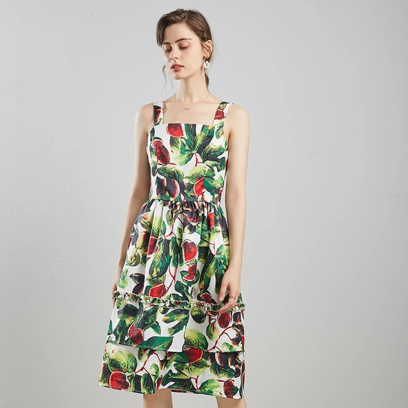 2020 Naujas Vasaros Moterų Suknelė Aukštos Kokybės Raukiniai Ficus carica Spausdinti Seksualus Backless Spageti Dirželis Suknelė Elegantiška Vintage Suknelė